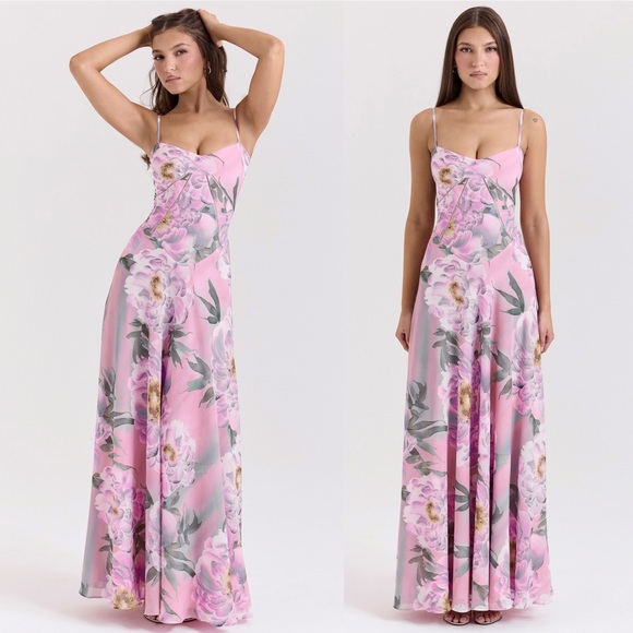 House of CB Seren Pink‎ Floral Floral Lace Back Maxi Dress NWOT Size L D-DD - Picture 3 of 16